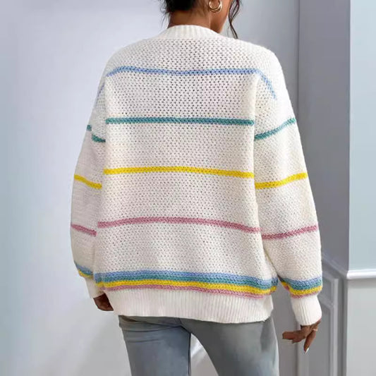 Autumn And Winter Rainbow Strip Knitted Cardigan Cross-border Foreign Trade Women's Sweater Fashion Loose Casual All-match Knitted Sweater Jacket