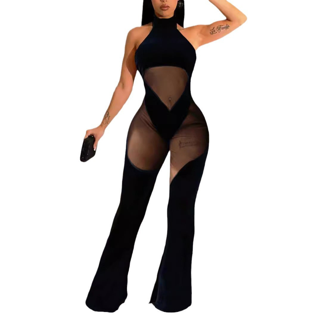 Women's New Hanging Neck Sexy Stitching Solid Color Sleeveless Mesh Stitching Casual Jumpsuit