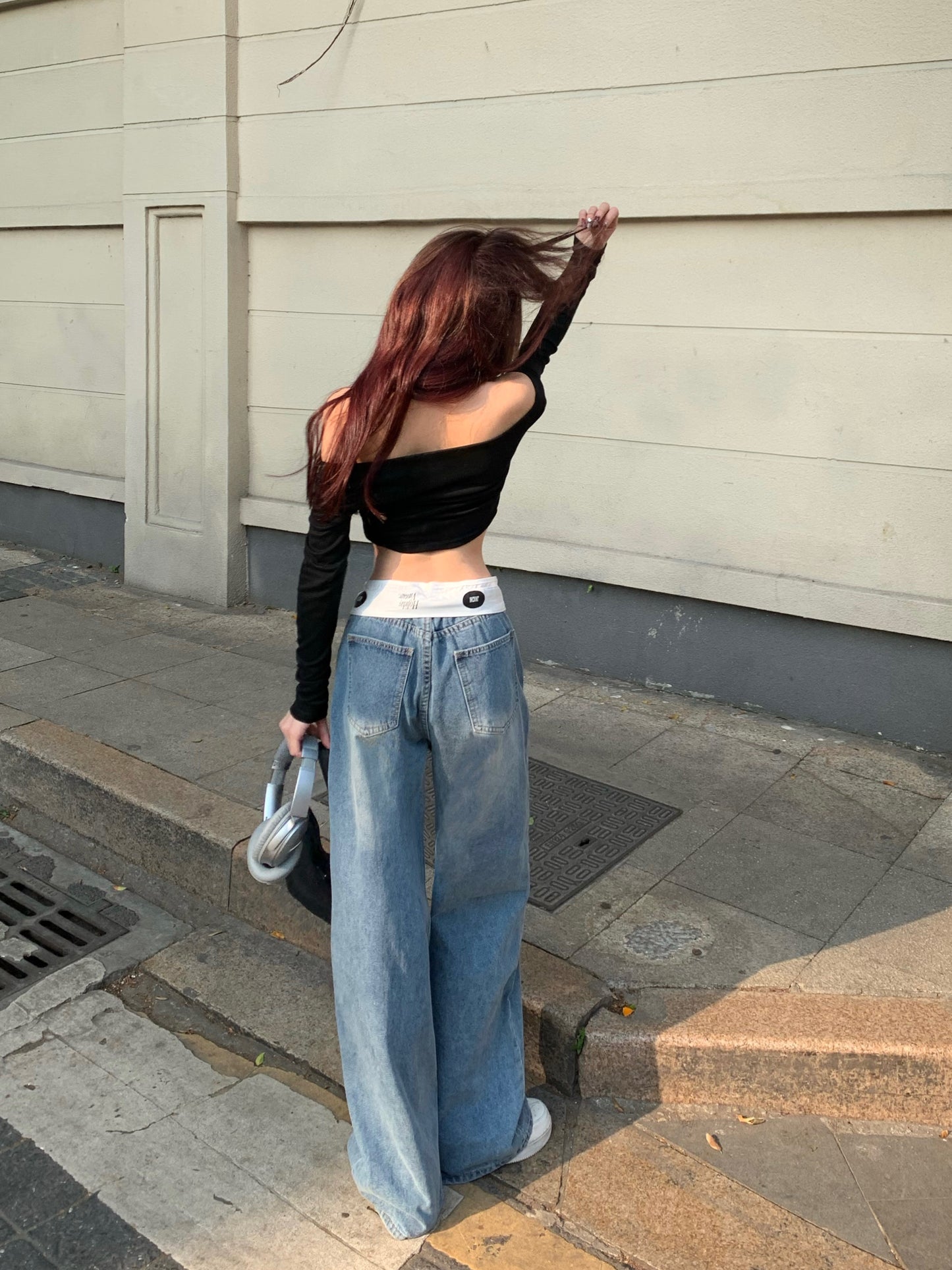 Niche Retro Jeans Women's Summer And Autumn Dipped Floor Trousers Design Loose High Waist Straight Leg Wide Leg Pants