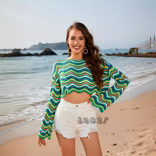 2024 Spring And Summer Cross-border Amazon New European And American Stitching Color Foreign Trade Round Neck Striped Bikini Beach Blouse