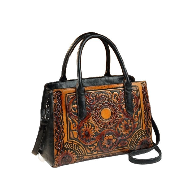 Retro Women&#039;s Bag Embossed Flower Tote Bag Genuine Leather New Ethnic Style Single Shoulder Crossbody Bag Large Capacity