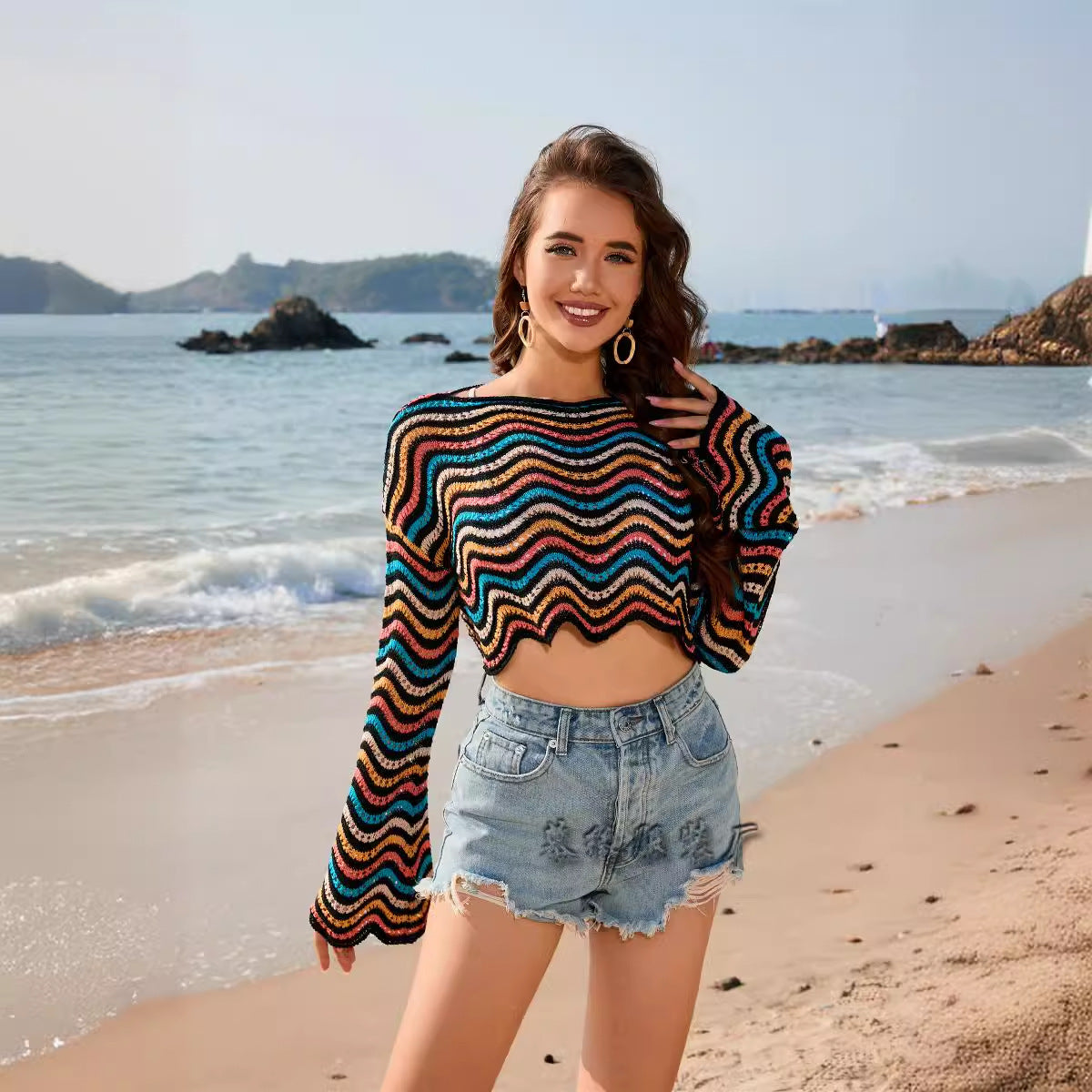 2024 Spring And Summer Cross-border Amazon New European And American Stitching Color Foreign Trade Round Neck Striped Bikini Beach Blouse