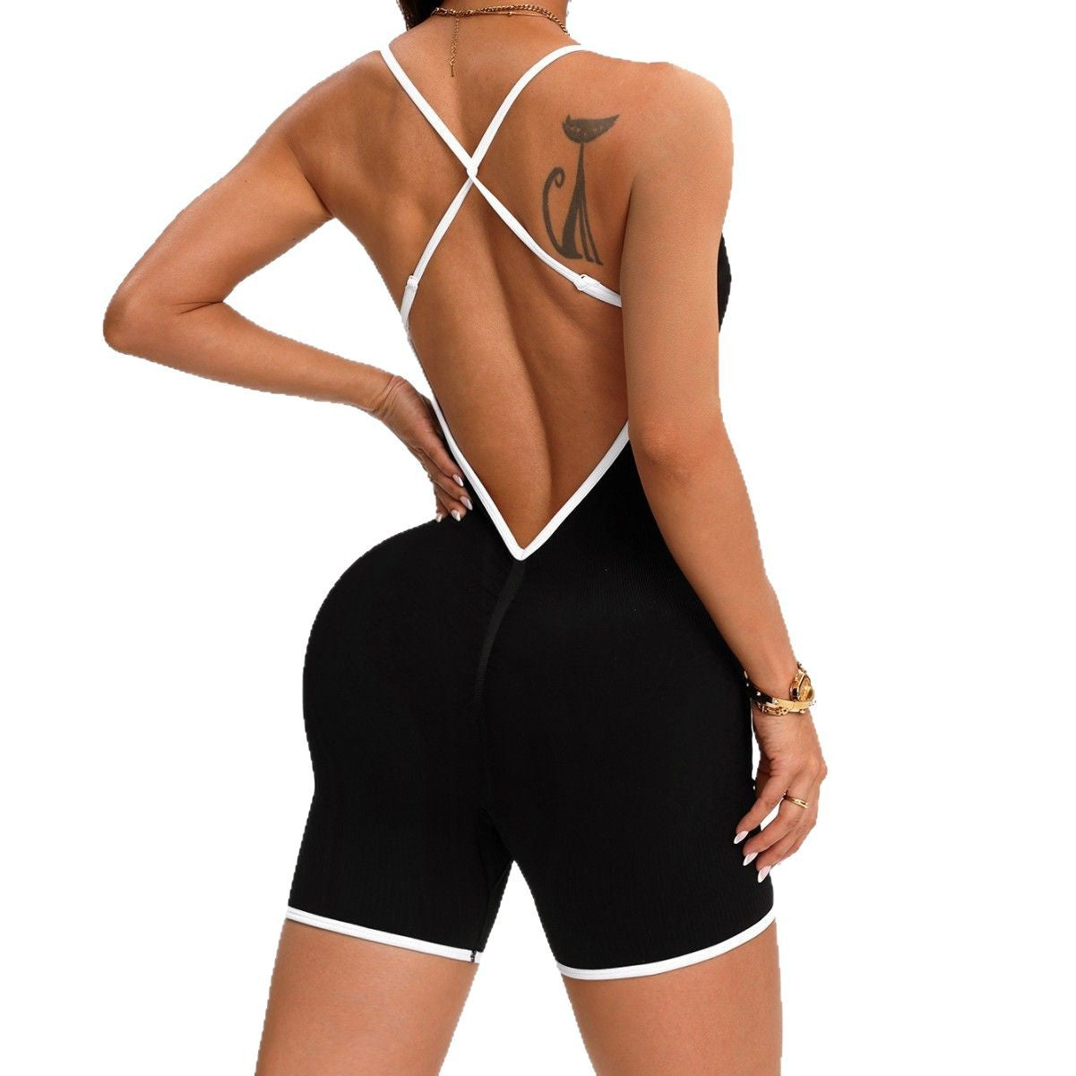 One-Piece Outer Wear Jumpsuit For Women With Contrasting Color Suspenders, Cross-Back, Quick-Drying Sports Butt-Lifting Fitness Yoga Jumpsuit