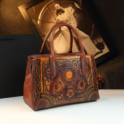 Retro Women&#039;s Bag Embossed Flower Tote Bag Genuine Leather New Ethnic Style Single Shoulder Crossbody Bag Large Capacity
