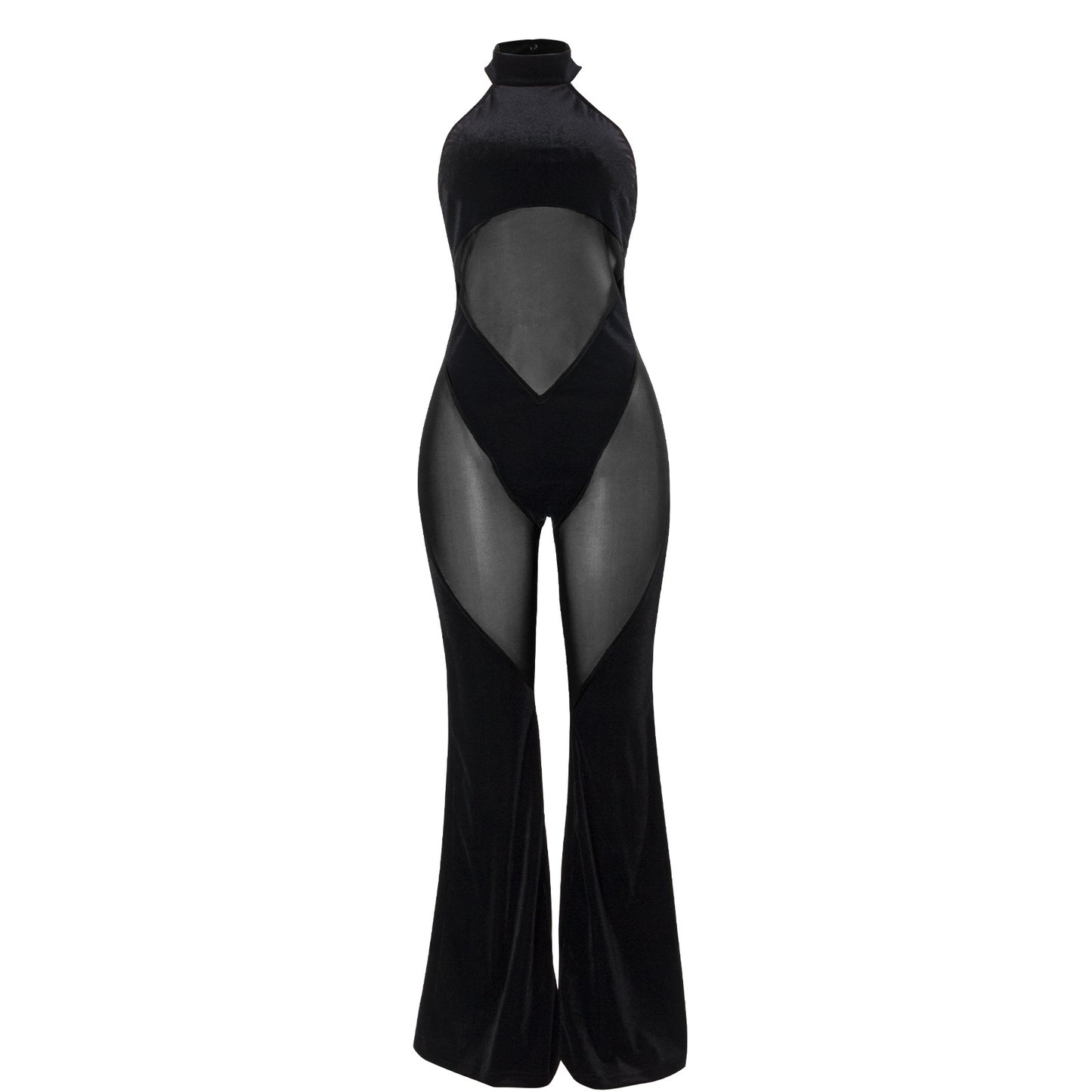 Women&#039;s New Hanging Neck Sexy Stitching Solid Color Sleeveless Mesh Stitching Casual Jumpsuit