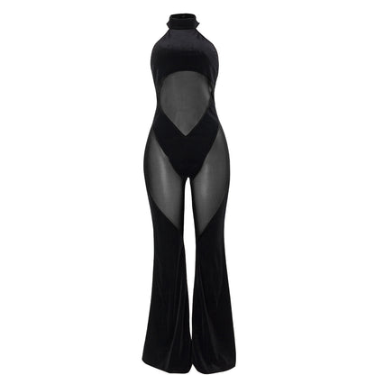 Women&#039;s New Hanging Neck Sexy Stitching Solid Color Sleeveless Mesh Stitching Casual Jumpsuit