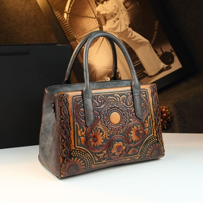 Retro Women&#039;s Bag Embossed Flower Tote Bag Genuine Leather New Ethnic Style Single Shoulder Crossbody Bag Large Capacity