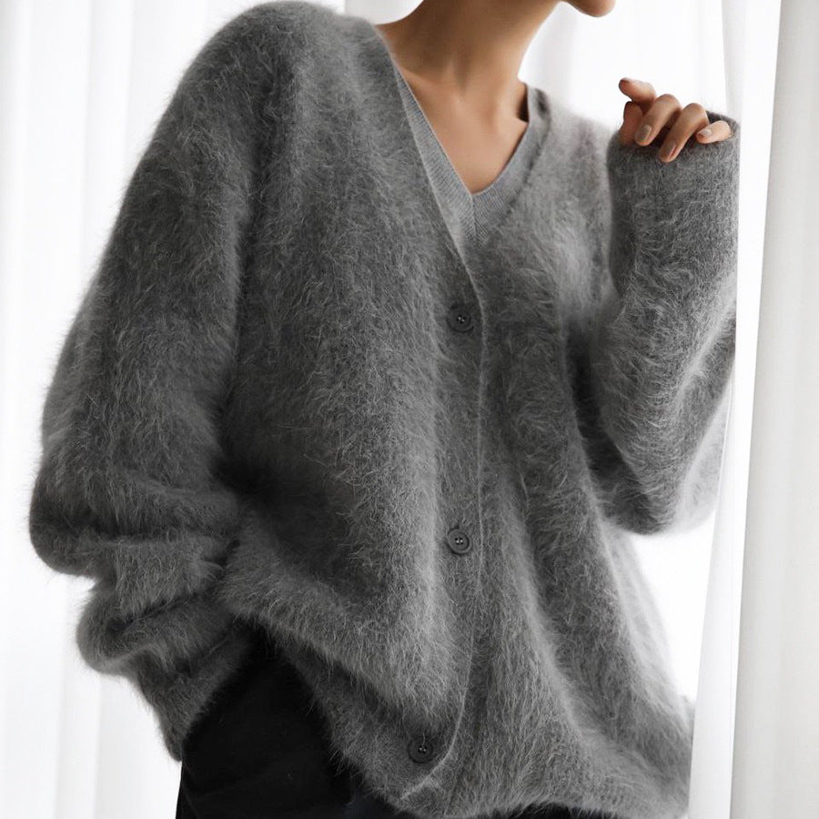 Mink Velvet V-neck Knitted Sweater Women&#039;s 2024 Autumn And Winter New Loose Solid Color Foreign Trade Cardigan Women&#039;s Coat