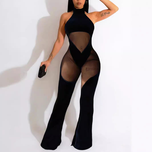 Women&#039;s New Hanging Neck Sexy Stitching Solid Color Sleeveless Mesh Stitching Casual Jumpsuit