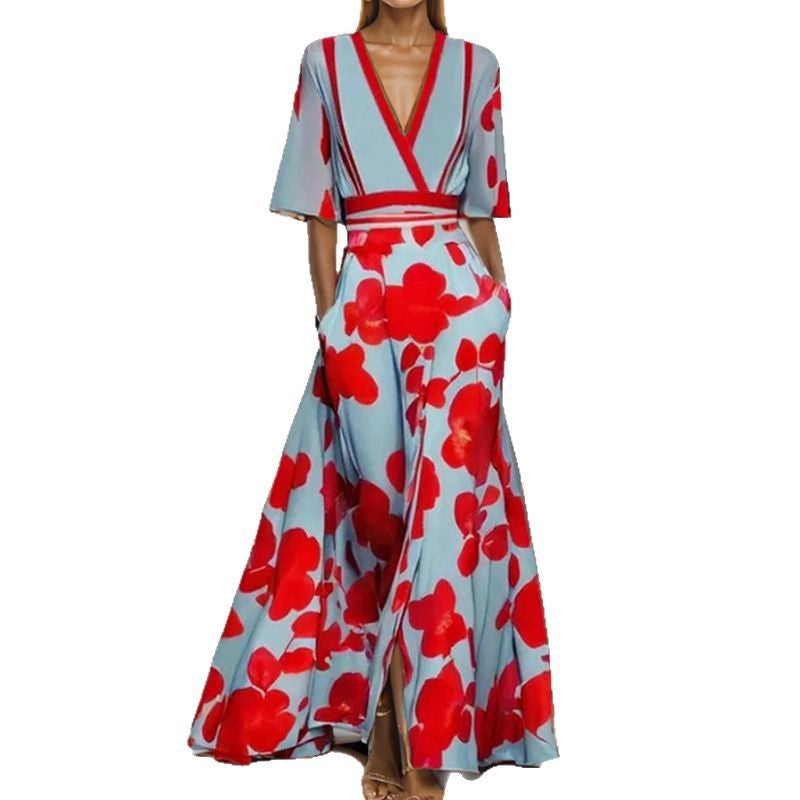 Style Long Printed Strap Dress Fashionable Long Skirt
