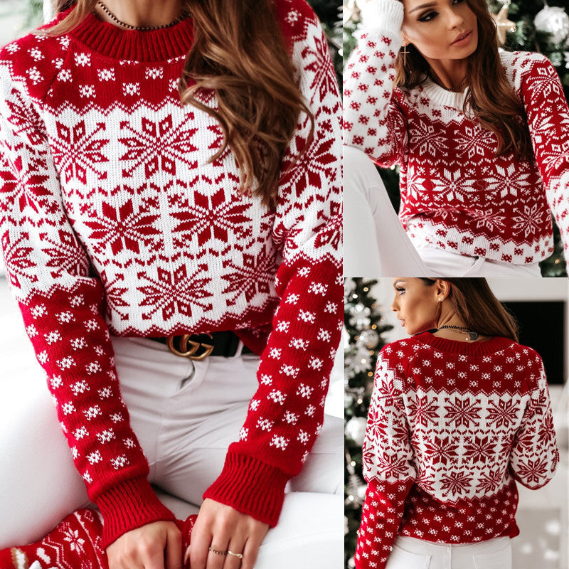 New Wish Amazon European And American Sweater Women&#039;s Christmas Snowflake Long Sleeve Base Knitted Wool