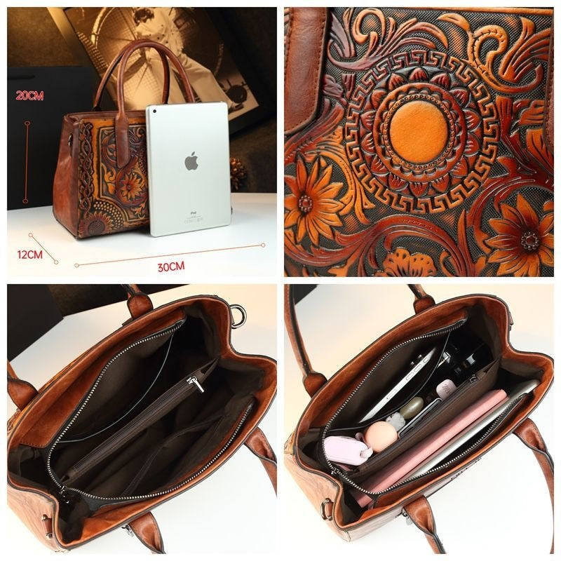 Retro Women&#039;s Bag Embossed Flower Tote Bag Genuine Leather New Ethnic Style Single Shoulder Crossbody Bag Large Capacity