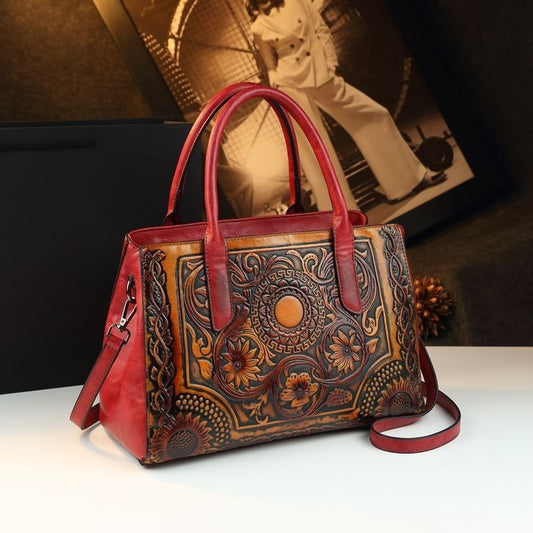 Retro Women&#039;s Bag Embossed Flower Tote Bag Genuine Leather New Ethnic Style Single Shoulder Crossbody Bag Large Capacity