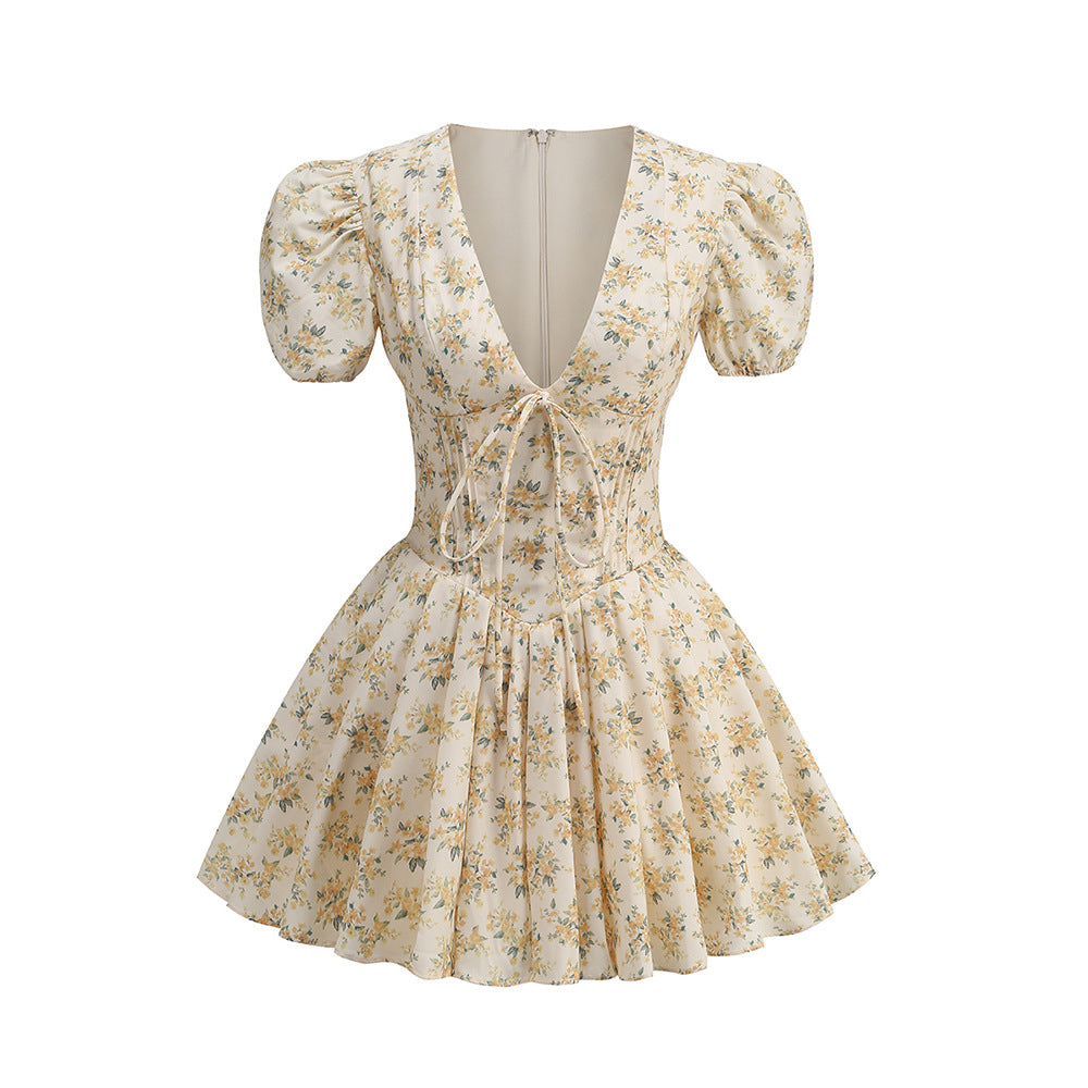 High-end Women&#039;s New Sexy Deep V Short Sleeve Floral Dress Sweet And Spicy Temperament Fluffy Holiday Skirt Women