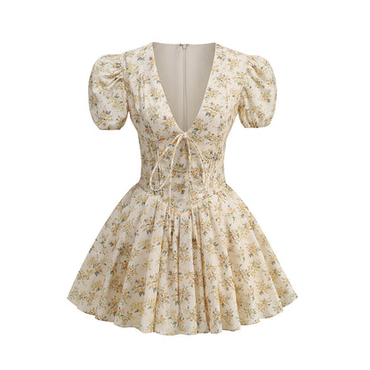 High-end Women&#039;s New Sexy Deep V Short Sleeve Floral Dress Sweet And Spicy Temperament Fluffy Holiday Skirt Women