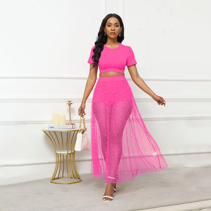 Fashion New Outdoor Beach Skirt Suit Skirt Beaded See-through Mesh Skirt Short Sleeve Waist-exposed T-shirt Three-piece Set