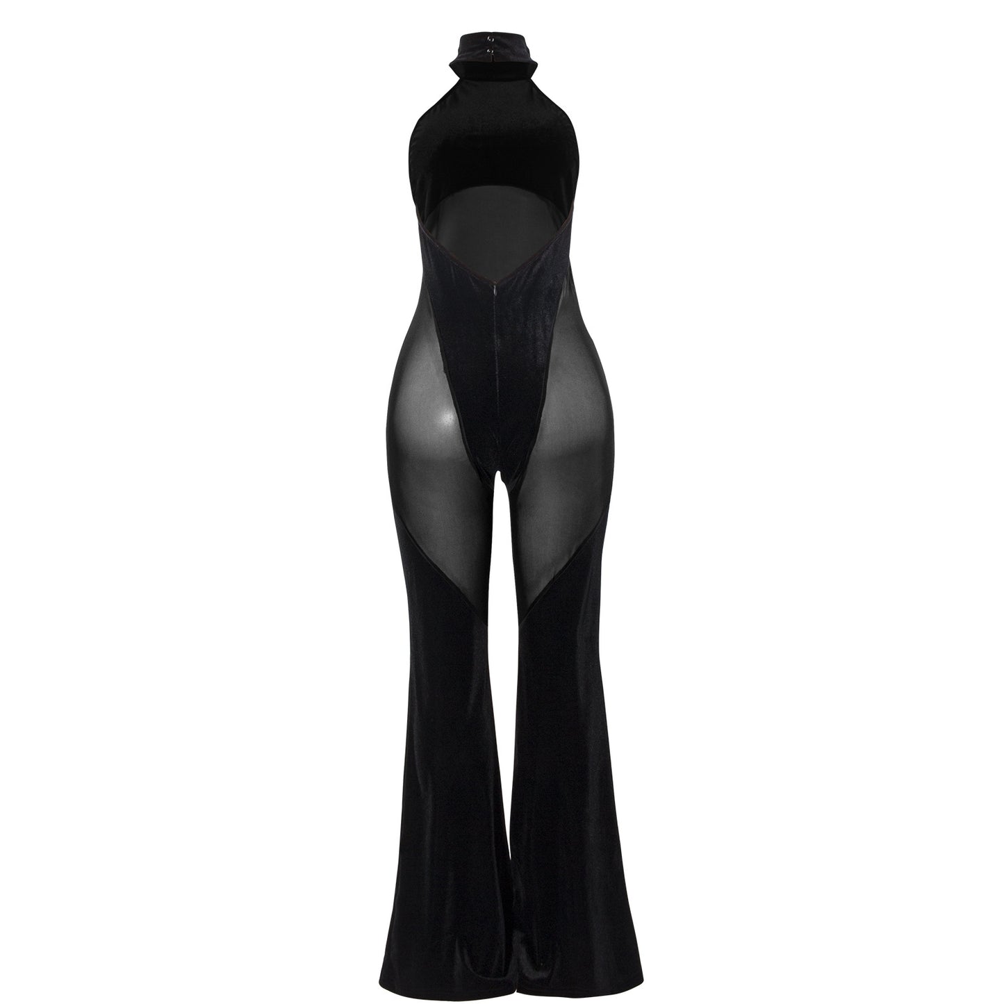 Women&#039;s New Hanging Neck Sexy Stitching Solid Color Sleeveless Mesh Stitching Casual Jumpsuit