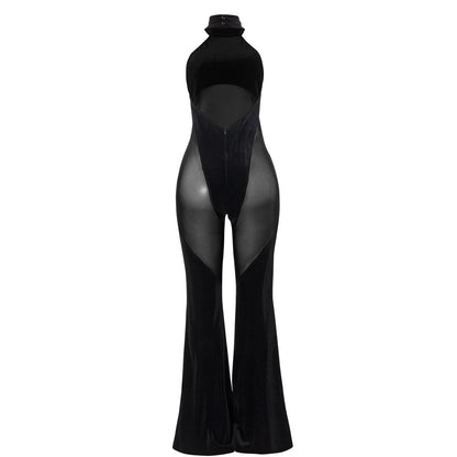 Women&#039;s New Hanging Neck Sexy Stitching Solid Color Sleeveless Mesh Stitching Casual Jumpsuit