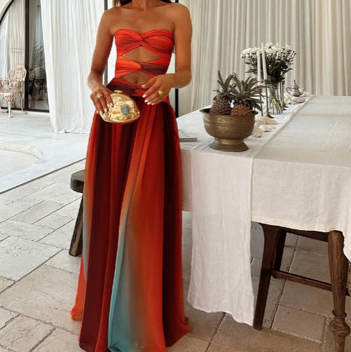 Sexy Gradient Color Casual Dress Vacation Travel Fashion Long Skirt Hollow Out Backless Mid Waist Polyester Spring Summer