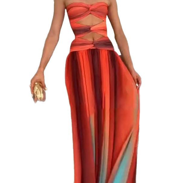 Sexy Gradient Color Casual Dress Vacation Travel Fashion Long Skirt Hollow Out Backless Mid Waist Polyester Spring Summer