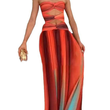 Sexy Gradient Color Casual Dress Vacation Travel Fashion Long Skirt Hollow Out Backless Mid Waist Polyester Spring Summer